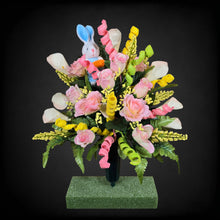 Load image into Gallery viewer, Easter Memorial Decoration Pink Rose and Cream Calla Lily Cemetery Cone With an Easter Bunny and Pastel Accents
