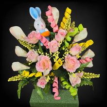 Load image into Gallery viewer, Easter Memorial Decoration Pink Rose and Cream Calla Lily Cemetery Cone With an Easter Bunny and Pastel Accents
