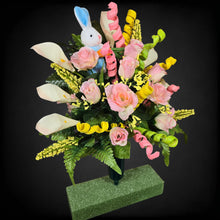 Load image into Gallery viewer, Easter Memorial Decoration Pink Rose and Cream Calla Lily Cemetery Cone With an Easter Bunny and Pastel Accents
