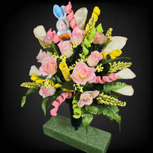 Load image into Gallery viewer, Easter Memorial Decoration Pink Rose and Cream Calla Lily Cemetery Cone With an Easter Bunny and Pastel Accents
