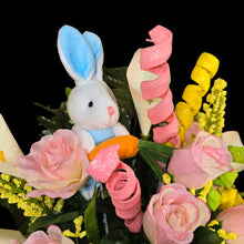 Load image into Gallery viewer, Easter Memorial Decoration Pink Rose and Cream Calla Lily Cemetery Cone With an Easter Bunny and Pastel Accents
