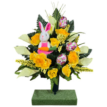 Load image into Gallery viewer, Easter Memorial Decoration Yellow Rose and Cream Calla Lily Cemetery Cone with an Easter Bunny and Easter Eggs
