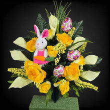 Load image into Gallery viewer, Easter Memorial Decoration Yellow Rose and Cream Calla Lily Cemetery Cone with an Easter Bunny and Easter Eggs
