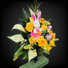 Load image into Gallery viewer, Easter Memorial Decoration Yellow Rose and Cream Calla Lily Cemetery Cone with an Easter Bunny and Easter Eggs
