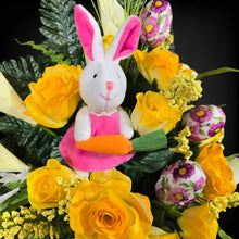 Load image into Gallery viewer, Easter Memorial Decoration Yellow Rose and Cream Calla Lily Cemetery Cone with an Easter Bunny and Easter Eggs
