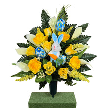 Load image into Gallery viewer, Easter Memorial Decoration Yellow Rose and Cream Calla Lily Cemetery Cone with a Blue Easter Bunny and Easter Eggs
