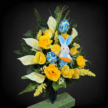 Load image into Gallery viewer, Easter Memorial Decoration Yellow Rose and Cream Calla Lily Cemetery Cone with a Blue Easter Bunny and Easter Eggs
