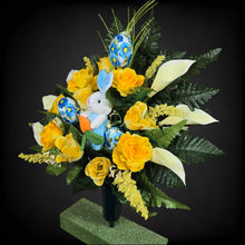 Load image into Gallery viewer, Easter Memorial Decoration Yellow Rose and Cream Calla Lily Cemetery Cone with a Blue Easter Bunny and Easter Eggs

