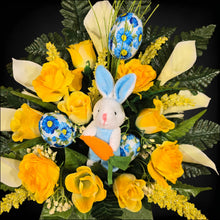 Load image into Gallery viewer, Easter Memorial Decoration Yellow Rose and Cream Calla Lily Cemetery Cone with a Blue Easter Bunny and Easter Eggs
