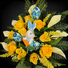Load image into Gallery viewer, Easter Memorial Decoration Yellow Rose and Cream Calla Lily Cemetery Cone with a Blue Easter Bunny and Easter Eggs

