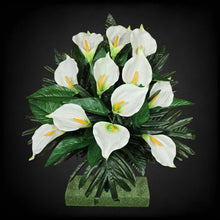 Load image into Gallery viewer, This cemetery cone has grave flowers including cream calla lily. It is a funeral or memorial decoration. (Copy)
