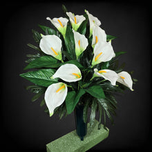 Load image into Gallery viewer, This cemetery cone has grave flowers including cream calla lily. It is a funeral or memorial decoration. (Copy)
