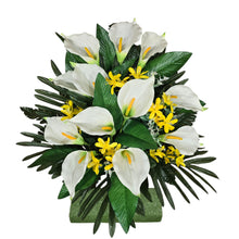 Load image into Gallery viewer, This cemetery cone has grave flowers including cream calla lily with yellow tweedia filler. It is a funeral or memorial decoration.

