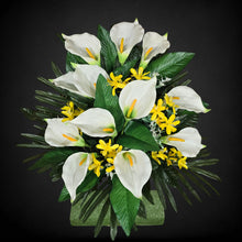 Load image into Gallery viewer, This cemetery cone has grave flowers including cream calla lily with yellow tweedia filler. It is a funeral or memorial decoration.
