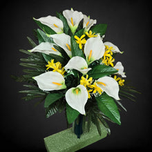 Load image into Gallery viewer, This cemetery cone has grave flowers including cream calla lily with yellow tweedia filler. It is a funeral or memorial decoration.
