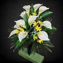 Load image into Gallery viewer, This cemetery cone has grave flowers including cream calla lily with yellow tweedia filler. It is a funeral or memorial decoration.

