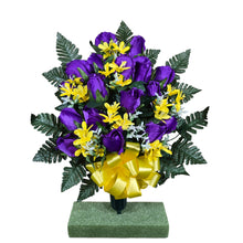 Load image into Gallery viewer, This cemetery cone has grave flowers including elegant purple rosebuds and yellow tweedia. It is a funeral or memorial decoration.
