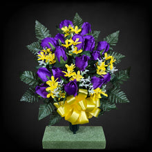 Load image into Gallery viewer, This cemetery cone has grave flowers including elegant purple rosebuds and yellow tweedia. It is a funeral or memorial decoration.
