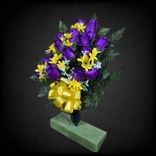 Load image into Gallery viewer, This cemetery cone has grave flowers including elegant purple rosebuds and yellow tweedia. It is a funeral or memorial decoration.
