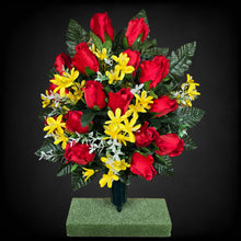 Load image into Gallery viewer, This cemetery cone has grave flowers including elegant red rosebuds and yellow tweedia. It is a funeral or memorial decoration.

