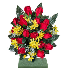 Load image into Gallery viewer, This cemetery cone has grave flowers including elegant red rosebuds and yellow tweedia. It is a funeral or memorial decoration.
