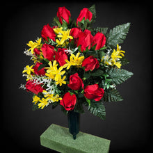 Load image into Gallery viewer, This cemetery cone has grave flowers including elegant red rosebuds and yellow tweedia. It is a funeral or memorial decoration.

