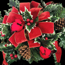 Load image into Gallery viewer, Holly and Cardinal Christmas cemetery saddle has a giant red velvet bow, winter greens, and 2 Red Birds for Winter memorial decorating.
