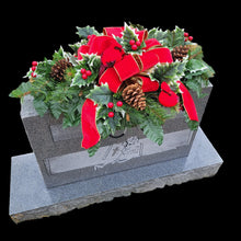 Load image into Gallery viewer, Holly and Cardinal Christmas cemetery saddle has a giant red velvet bow, winter greens, and 2 Red Birds for Winter memorial decorating.
