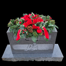 Load image into Gallery viewer, Holly and Cardinal Christmas cemetery saddle has a giant red velvet bow, winter greens, and 2 Red Birds for Winter memorial decorating.
