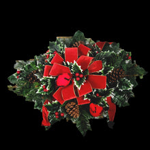 Load image into Gallery viewer, Holly and Cardinal Christmas cemetery saddle has a giant red velvet bow, winter greens, and 2 Red Birds for Winter memorial decorating.
