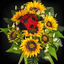 Load image into Gallery viewer, A cemetery cone with grave flowers including yellow sunflowers and a ladybug. This is a memorial decoration or flowers for funeral.
