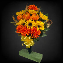 Load image into Gallery viewer, A cemetery cone with grave flowers including sunflower, mum, pumpkin, and wheat. This is a memorial decoration or flowers for funeral. (Copy)
