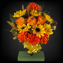 Load image into Gallery viewer, A cemetery cone with grave flowers including sunflower, mum, pumpkin, and wheat. This is a memorial decoration or flowers for funeral. (Copy)
