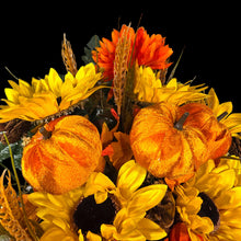 Load image into Gallery viewer, A cemetery cone with grave flowers including sunflower, mum, pumpkin, and wheat. This is a memorial decoration or flowers for funeral. (Copy)
