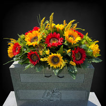Load image into Gallery viewer, This Headstone Saddle is made with grave flowers including Yellow and Red Sunflowers. It's a summer or fall memorial decoration.

