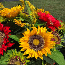 Load image into Gallery viewer, This Headstone Saddle is made with grave flowers including Yellow and Red Sunflowers. It's a summer or fall memorial decoration.
