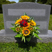 Load image into Gallery viewer, A cemetery cone with grave flowers including yellow sunflowers and a ladybug. This is a memorial decoration or flowers for funeral.
