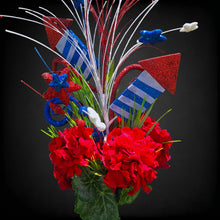 Load image into Gallery viewer, This patriotic cemetery cone memorial decoration has grave flowers including red geranium and red, white, and blue stars &amp; fireworks.
