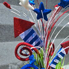 Load image into Gallery viewer, This patriotic cemetery cone memorial decoration has grave flowers including red geranium and red, white, and blue stars &amp; fireworks.
