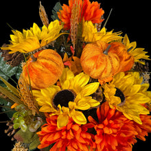 Load image into Gallery viewer, A cemetery cone with grave flowers including sunflower, mum, pumpkin, and wheat. This is a memorial decoration or flowers for funeral. (Copy)
