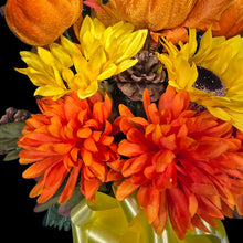 Load image into Gallery viewer, A cemetery cone with grave flowers including sunflower, mum, pumpkin, and wheat. This is a memorial decoration or flowers for funeral. (Copy)
