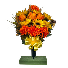 Load image into Gallery viewer, A cemetery cone with grave flowers including sunflower, mum, pumpkin, and wheat. This is a memorial decoration or flowers for funeral. (Copy)
