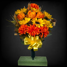 Load image into Gallery viewer, A cemetery cone with grave flowers including sunflower, mum, pumpkin, and wheat. This is a memorial decoration or flowers for funeral. (Copy)
