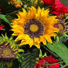 Load image into Gallery viewer, This Headstone Saddle is made with grave flowers including Yellow and Red Sunflowers. It's a summer or fall memorial decoration.
