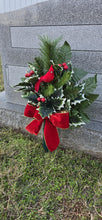 Load image into Gallery viewer, Christmas cemetery vase memorial decoration with berries, holly, and pine.
