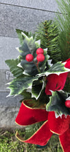 Load image into Gallery viewer, Christmas cemetery vase memorial decoration with berries, holly, and pine.
