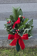 Load image into Gallery viewer, Christmas cemetery vase memorial decoration with berries, holly, and pine.
