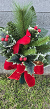 Load image into Gallery viewer, Christmas cemetery vase memorial decoration with berries, holly, and pine.
