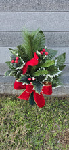 Load image into Gallery viewer, Christmas cemetery vase memorial decoration with berries, holly, and pine.
