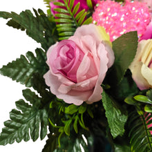 Load image into Gallery viewer, Elegant Mix of Pink and Cream Roses with Shimmering Love Hearts Cemetery Cone Memorial Decoration
